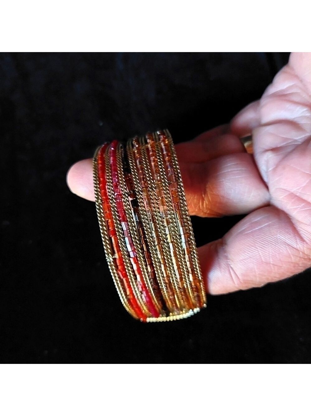 Vintage* Multi-strand Bead and Gold-tone Hinged Cuff Bracelet